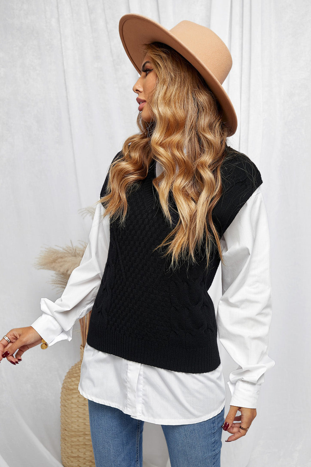 Black V-Neck Twist Knitted Vest Sweater Sweaters & Cardigans JT's Designer Fashion