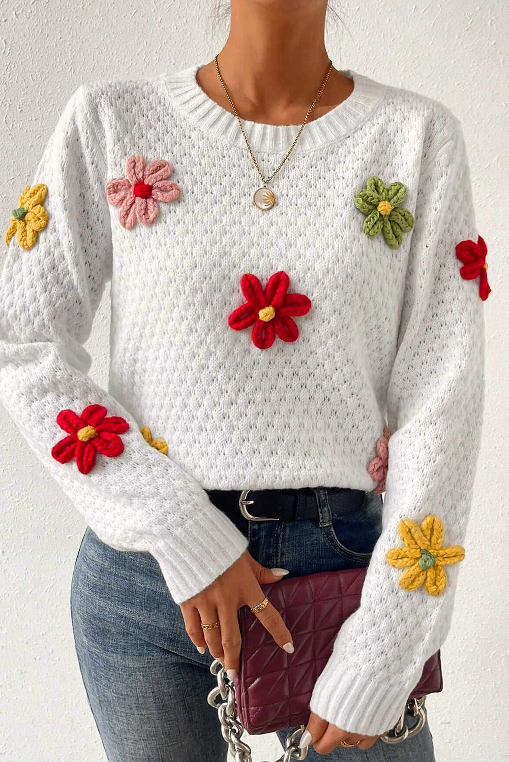 White Colorful Flower Applique Textured Knit Sweater Sweaters JT's Designer Fashion