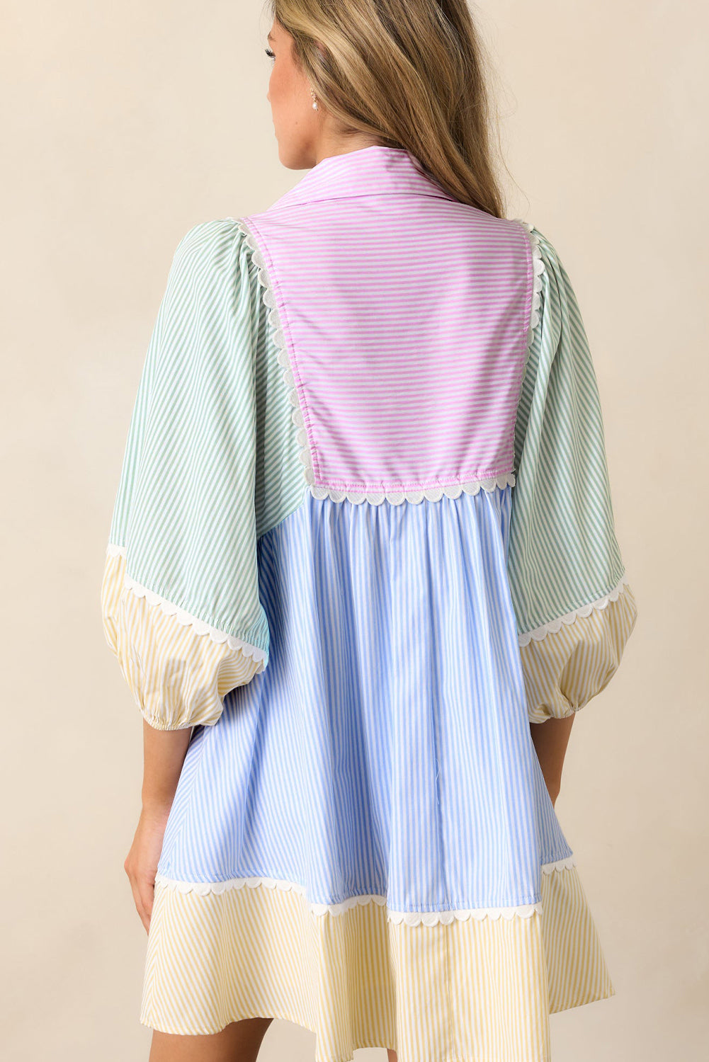 Multicolour Striped Patchwork Ric Rac Puff Sleeve Collared Mini Dress Mini Dresses JT's Designer Fashion