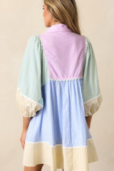 Multicolour Striped Patchwork Ric Rac Puff Sleeve Collared Mini Dress Mini Dresses JT's Designer Fashion