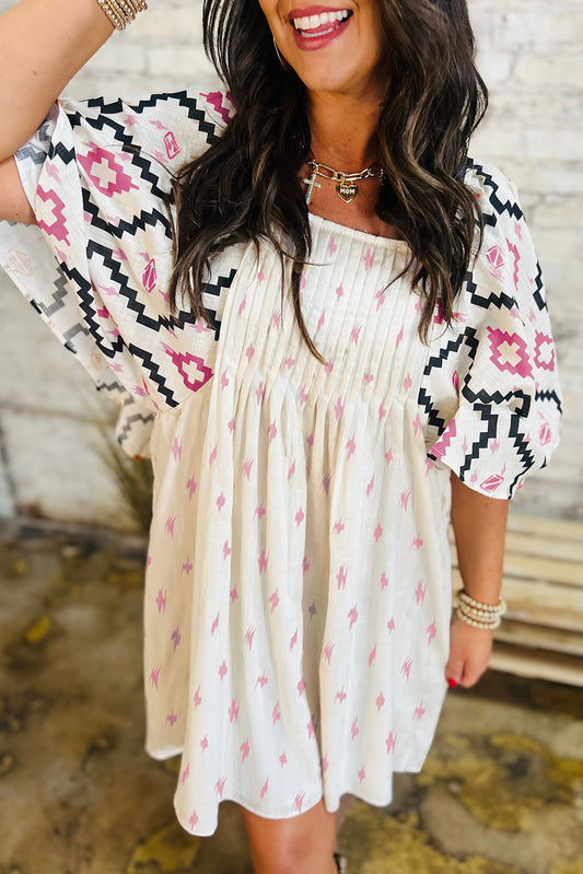 Pink Western Aztec Print Pleated Square Neck Loose Mini Dress Pink 100%Polyester Mini Dresses JT's Designer Fashion
