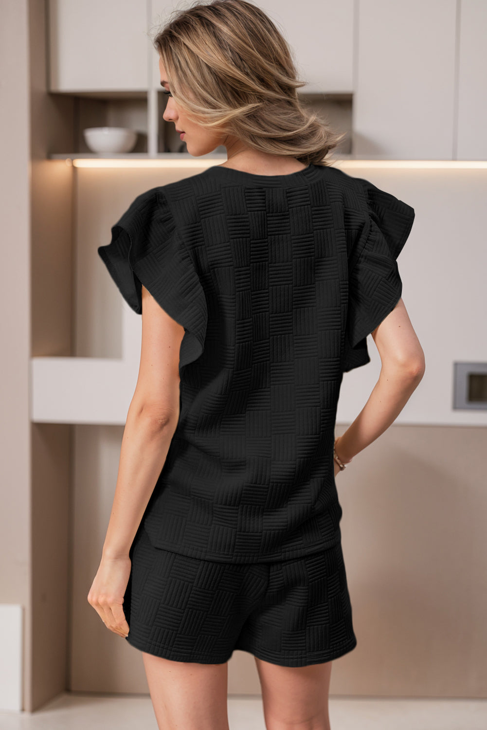 Black Textured Ruffled Sleeve Tee and Drawstring Elastic Waistband Shorts Set Short Sets JT's Designer Fashion