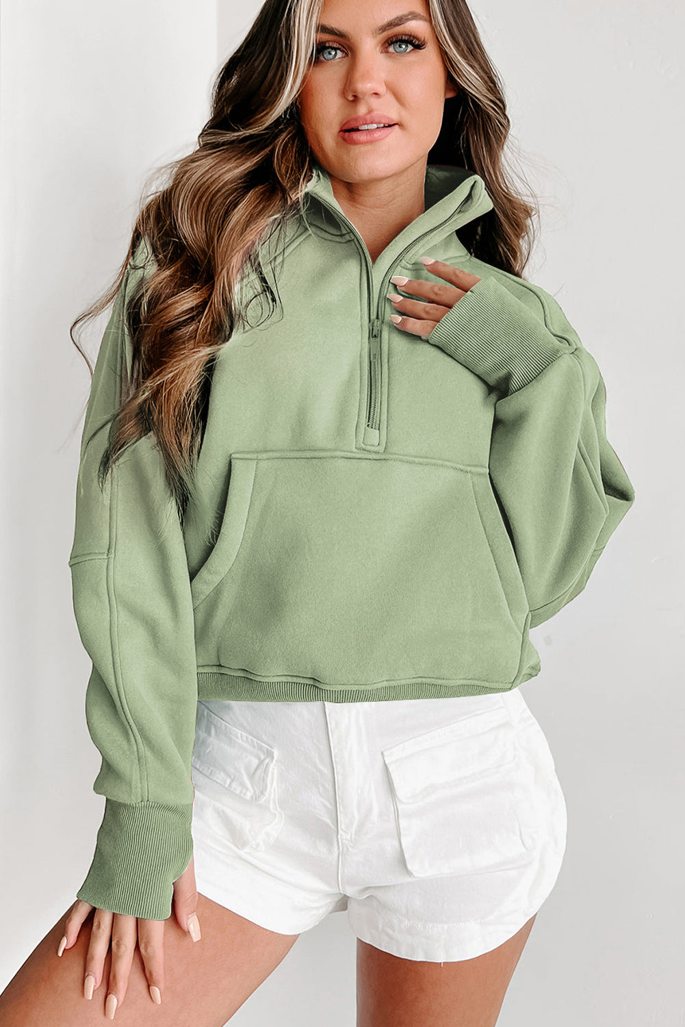 Smoke Green Fleece Lined Zip Up Stand Collar Thumbhole Sleeve Sweatshirt Sweatshirts & Hoodies JT's Designer Fashion
