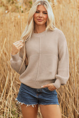 Parchment Mixed Texture Patchwork Knitted Puff Sleeve Sweater Sweaters JT's Designer Fashion