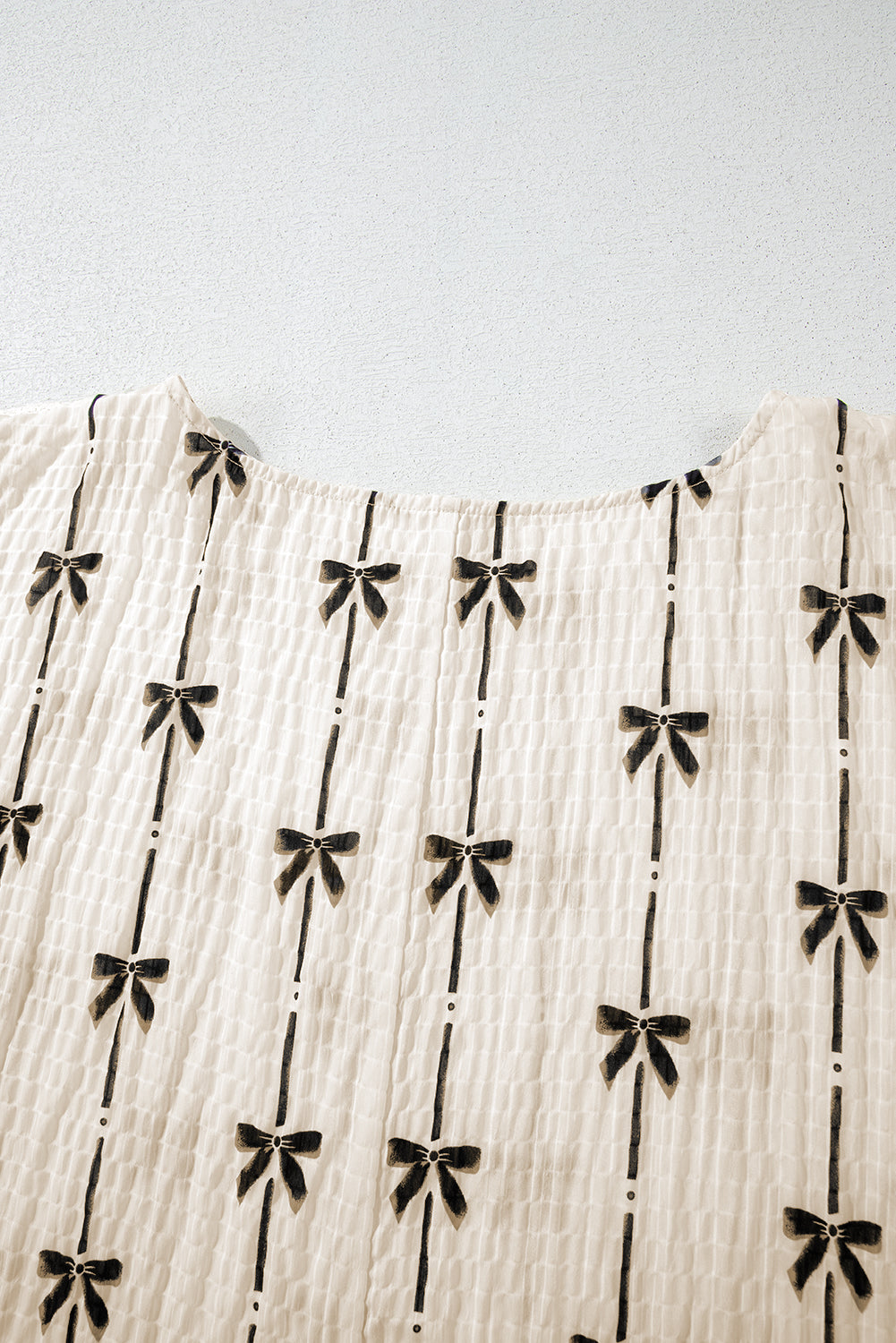 Beige Bow Print Puff Short Sleeve Top Blouses & Shirts JT's Designer Fashion