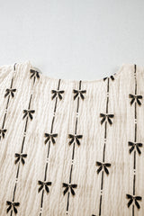 Beige Bow Print Puff Short Sleeve Top Blouses & Shirts JT's Designer Fashion