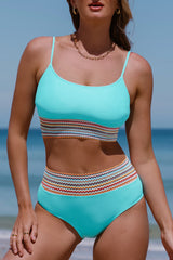 Turquoise Striped Patchwork Spaghetti Strap High Waist Bikini Swimsuit High Waisted Swimsuit JT's Designer Fashion