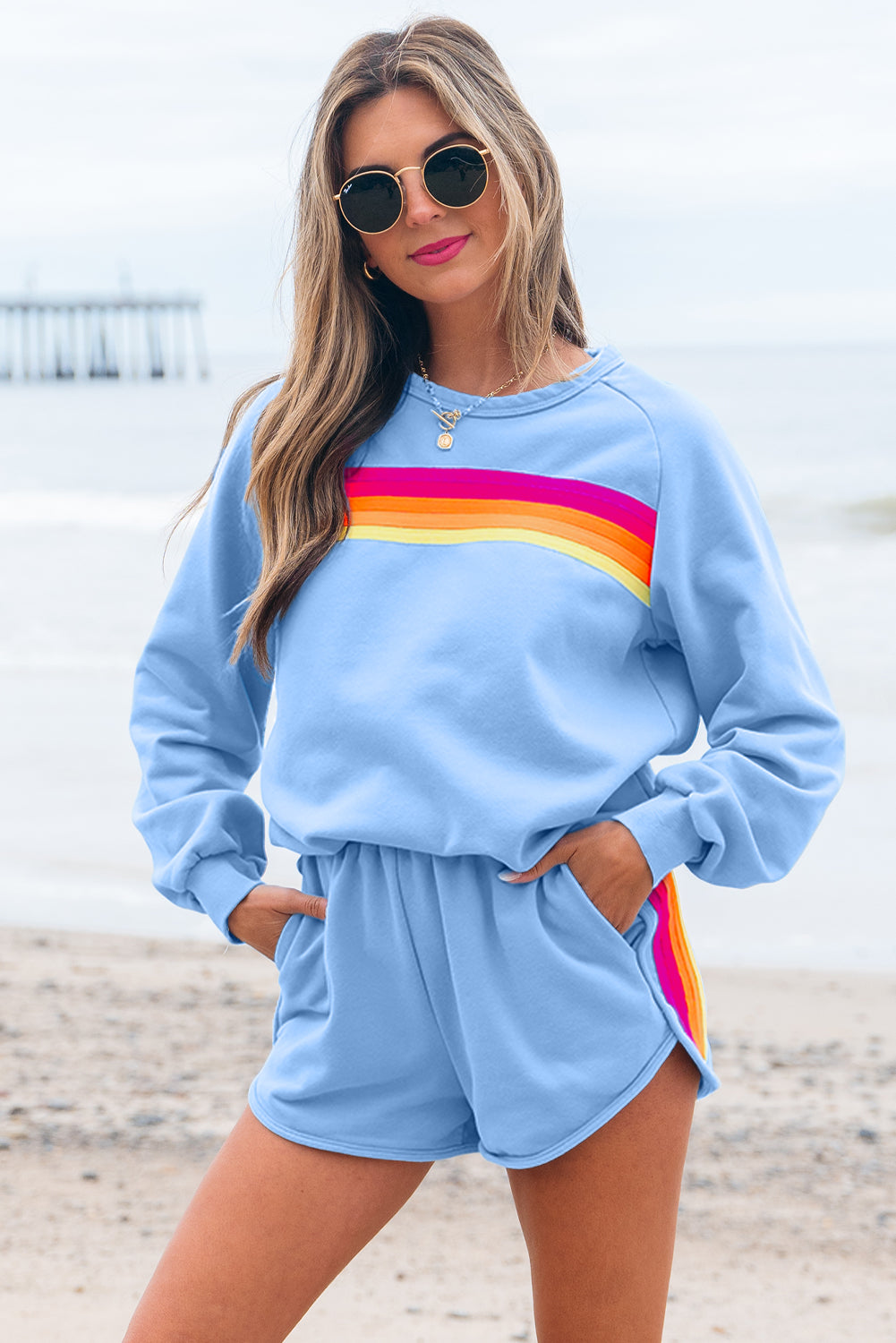 Beau Blue Accent Pullover and Shorts Two Piece Casual Set Short Sets JT's Designer Fashion
