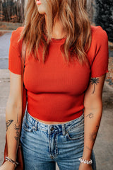 Tomato Red Ribbed Knit Crewneck Crop Sheath T Shirt Sweaters & Cardigans JT's Designer Fashion