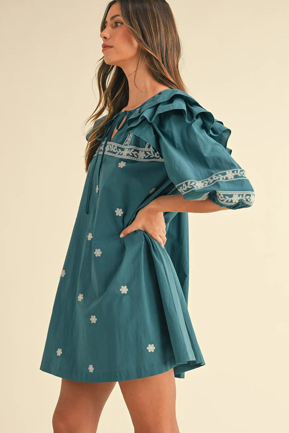 Skobeloff Boho Floral Ruffle Puff Sleeve Lace-up V Neck Mini Dress Floral Dresses JT's Designer Fashion