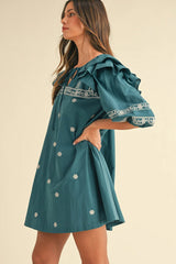 Skobeloff Boho Floral Ruffle Puff Sleeve Lace-up V Neck Mini Dress Floral Dresses JT's Designer Fashion