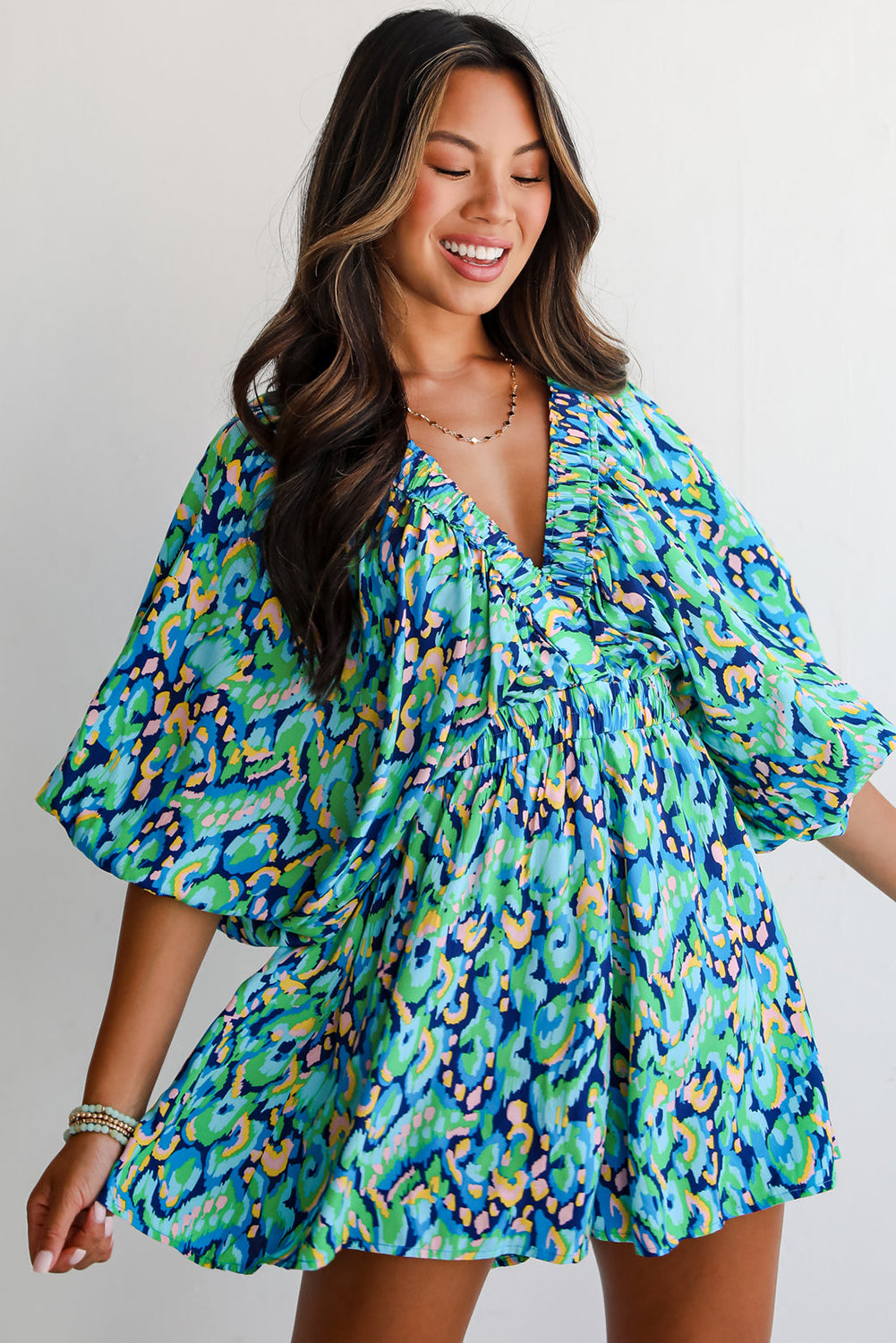 Green Abstract Print Puff Sleeve V Neck High Waist Romper Jumpsuits & Rompers JT's Designer Fashion