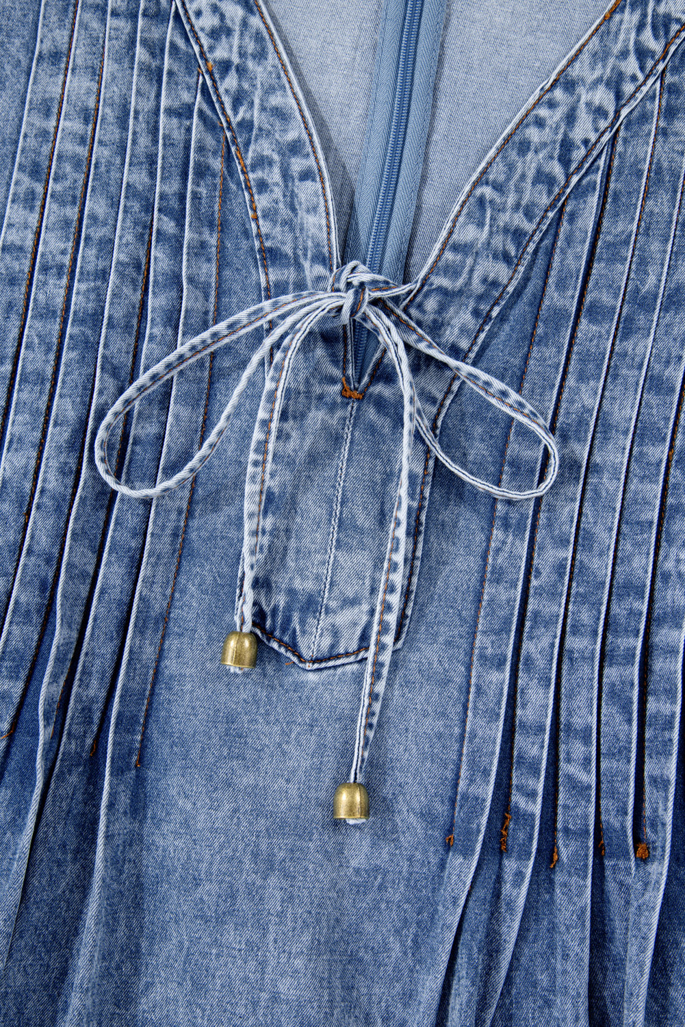 Beau Blue Tie V Neck Tucking Detail Short Sleeve Denim Shift Dress Mini Dresses JT's Designer Fashion
