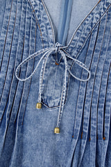 Beau Blue Tie V Neck Tucking Detail Short Sleeve Denim Shift Dress Mini Dresses JT's Designer Fashion
