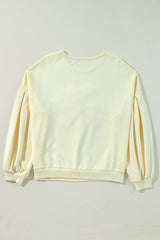 Beige Tinsel Flower Dropped Puff Sleeve Sweatshirt Sweatshirts & Hoodies JT's Designer Fashion
