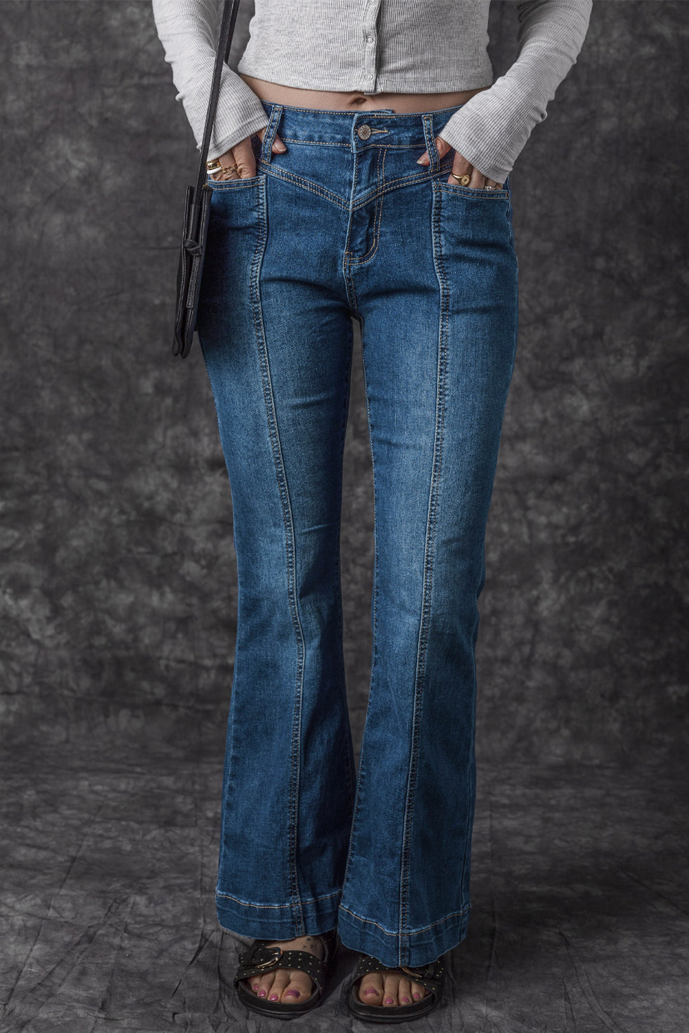 Blue High Waist Seam Stitching Pocket Flare Jeans Jeans JT's Designer Fashion