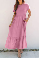 Pink Solid Color T-shirt High Waist Pocketed Long Dress Maxi Dresses JT's Designer Fashion