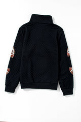 Black Sequin Rugby Football Patched Quarter Zip Textured Sweatshirt Graphic Sweatshirts JT's Designer Fashion