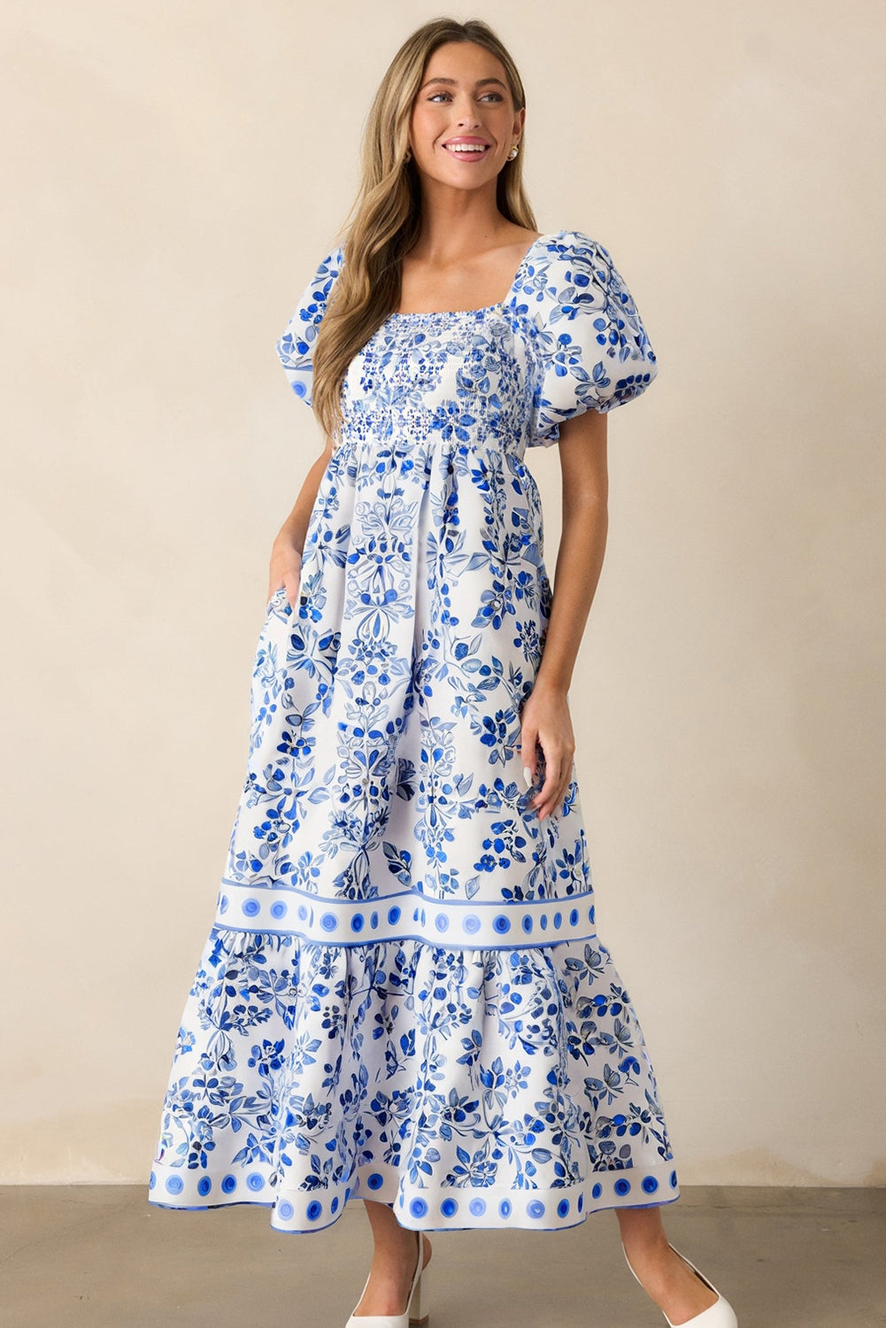 Sky Blue Floral Print Square Neck Bubble Sleeve High Waist Long Dress Maxi Dresses JT's Designer Fashion