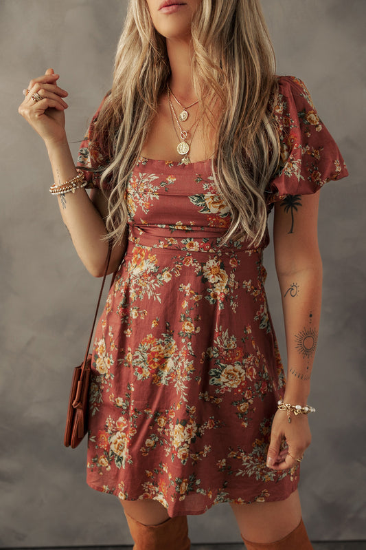 Red Floral Puff Sleeve Square Neck Knot Open Back Mini Dress Mini Dresses JT's Designer Fashion