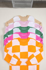 Pink Checkered Bishop Sleeve Sweater Sweaters JT's Designer Fashion