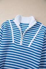 Sky Blue Stripe Zip up Collar Drop Shoulder Sweater Sweaters JT's Designer Fashion