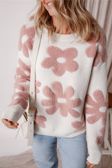 White Textured Flower Drop Shoulder Loose Sweater Sweaters JT's Designer Fashion