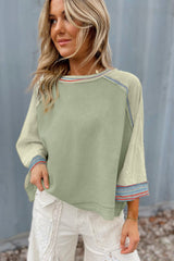 Meadow Mist Green Waffle Knit Wide Bracelet Sleeve Patchwork Raglan Top Long Sleeve Tops JT's Designer Fashion
