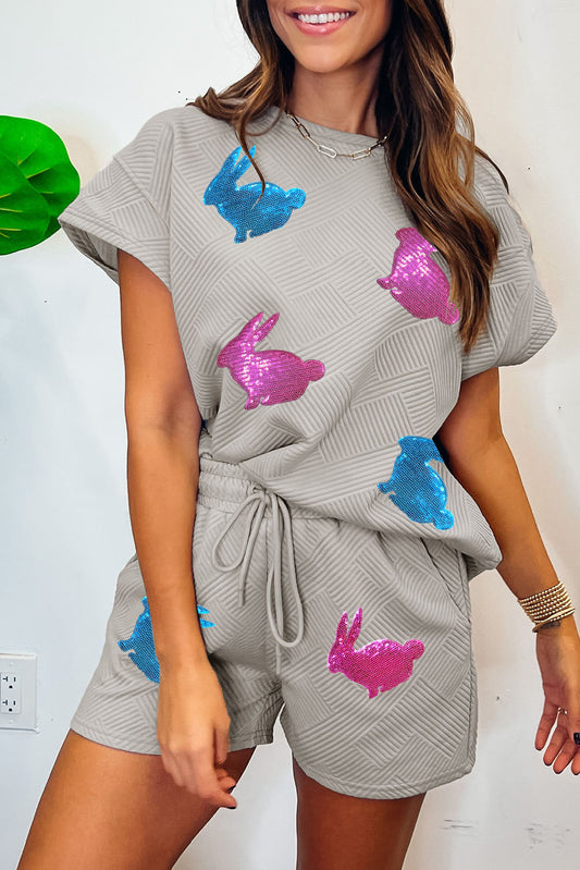 Gray Shiny Easter Bunny Patch Textured Short Outfit Gray 95%Polyester+5%Elastane Graphic Sets JT's Designer Fashion