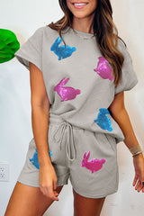 Gray Shiny Easter Bunny Patch Textured Short Outfit Gray 95%Polyester+5%Elastane Graphic Sets JT's Designer Fashion