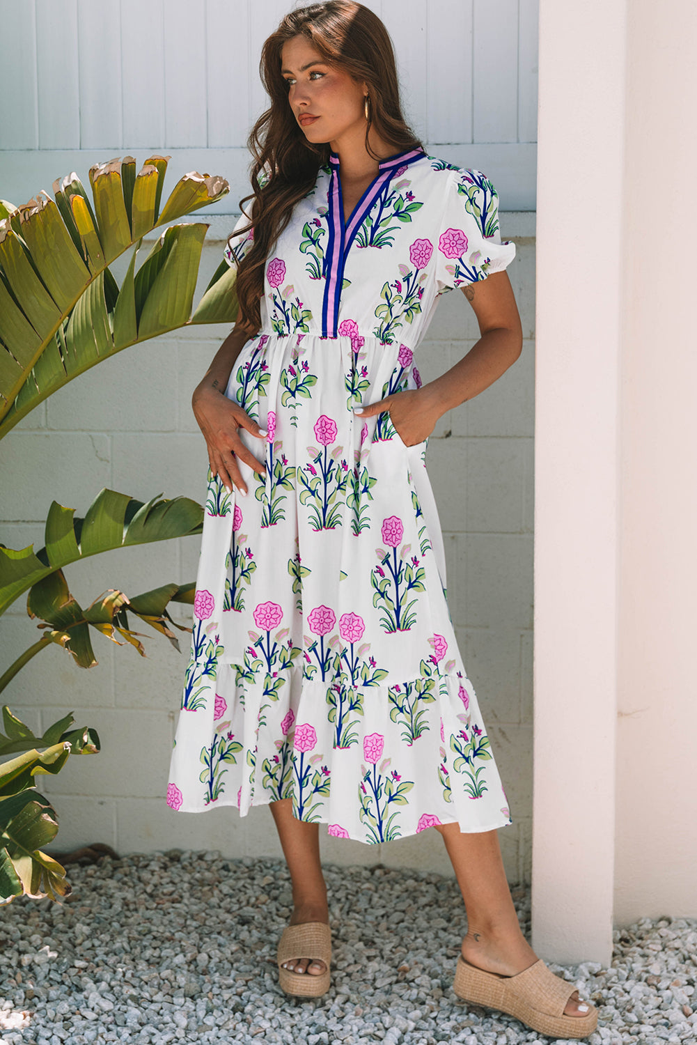 White Floral Puff Short Sleeve V Neck High Waist Maxi Dress Floral Dresses JT's Designer Fashion