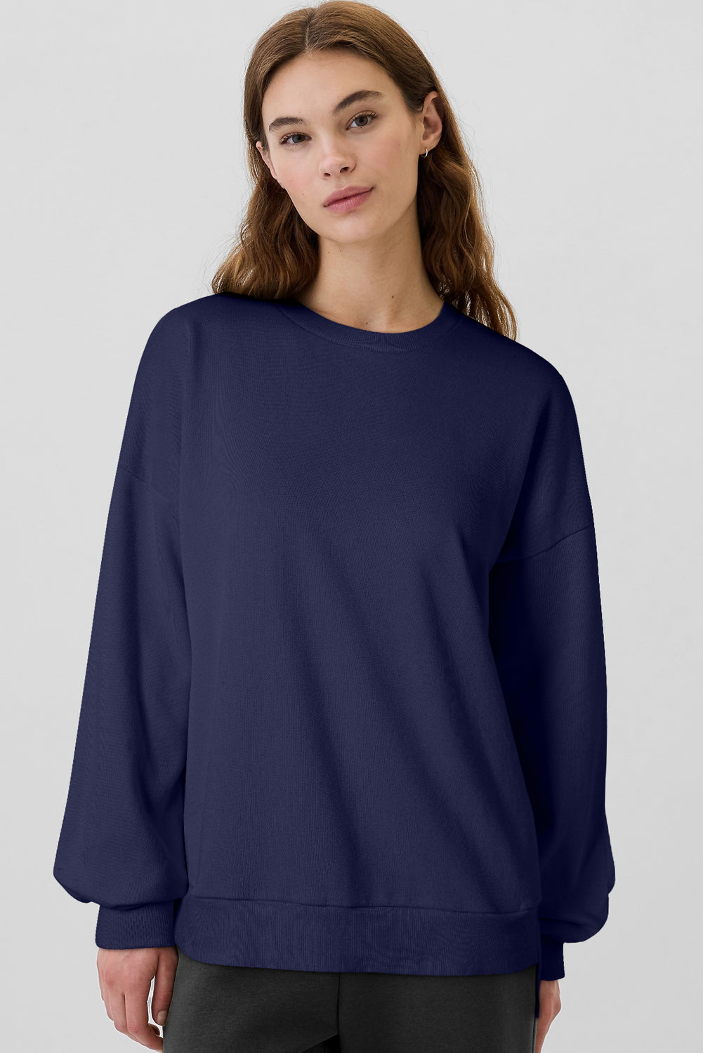 Navy Blue Solid Fleece Lined Drop Shoulder High Low Sweatshirt Sweatshirts & Hoodies JT's Designer Fashion