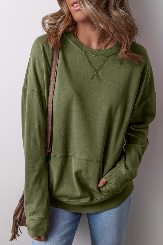 Vineyard Green Drop Shoulder Crisscross Stitching Pocketed Loose Sweatshirt Sweatshirts & Hoodies JT's Designer Fashion