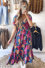 Dark Blue Square Neck Bubble Sleeve Ruffled Floral Dress Floral Dresses JT's Designer Fashion