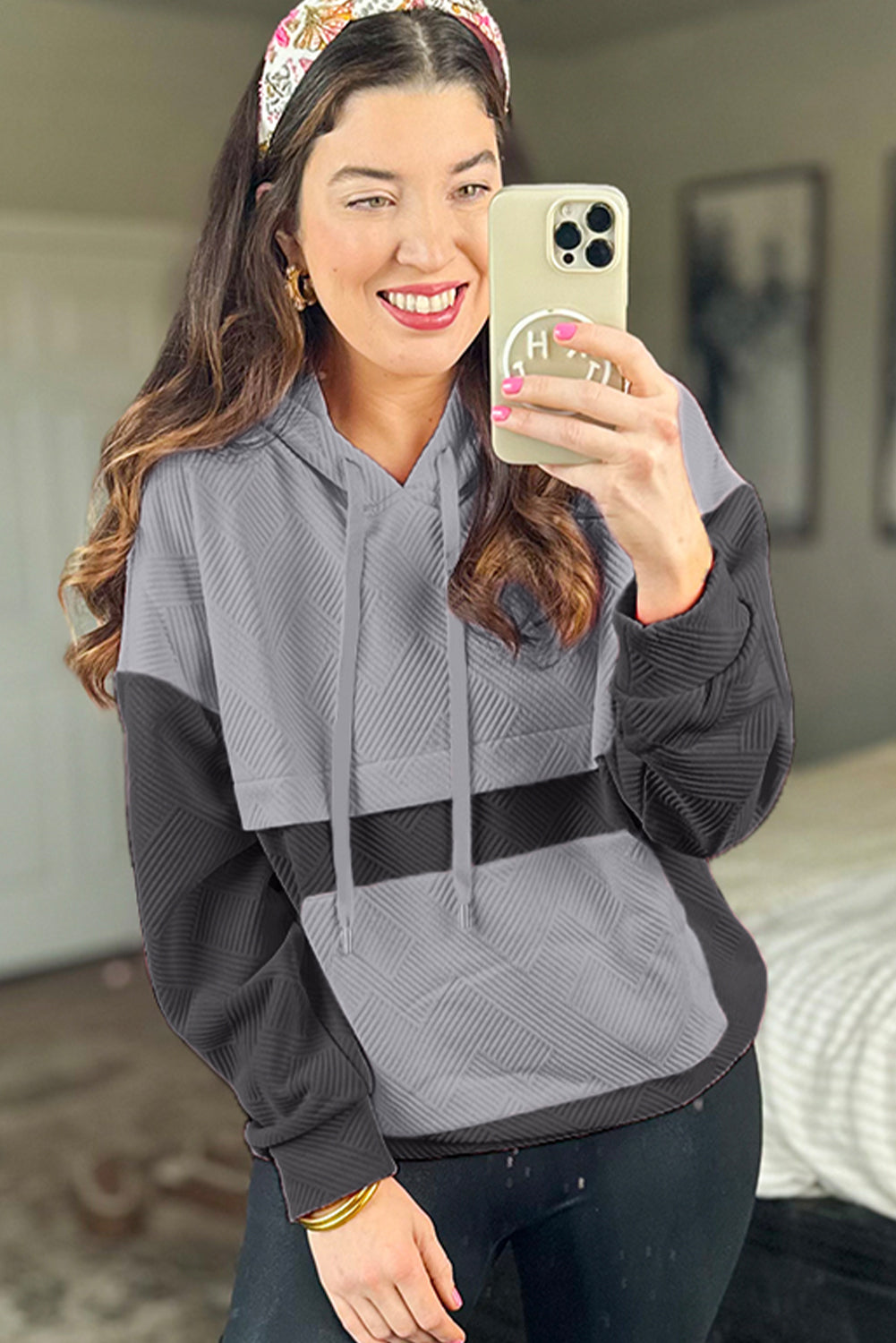 Gray Textured Color Block Kangaroo Pocket Drop Shoulder Hoodie Sweatshirts & Hoodies JT's Designer Fashion