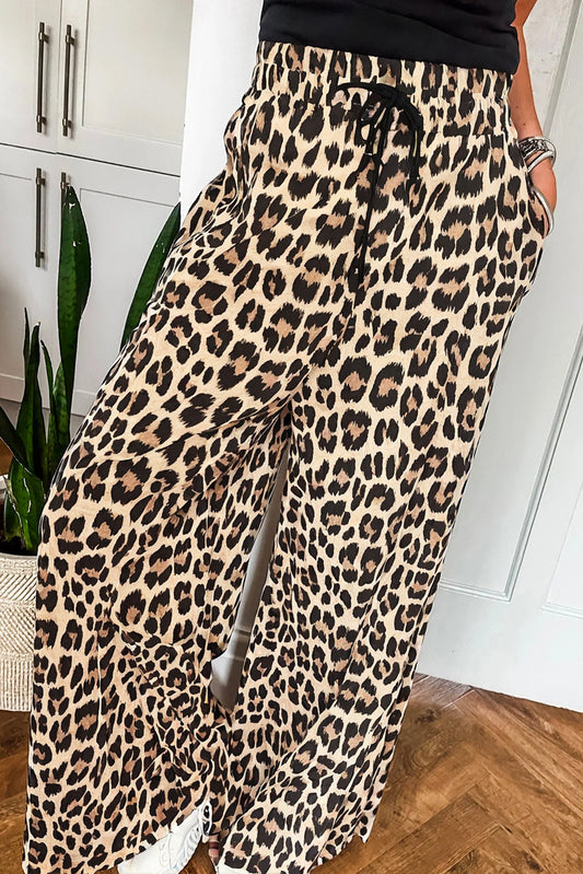 Parchment Leopard Drawstring Flowy Wide Leg Pants Pants & Culotte JT's Designer Fashion