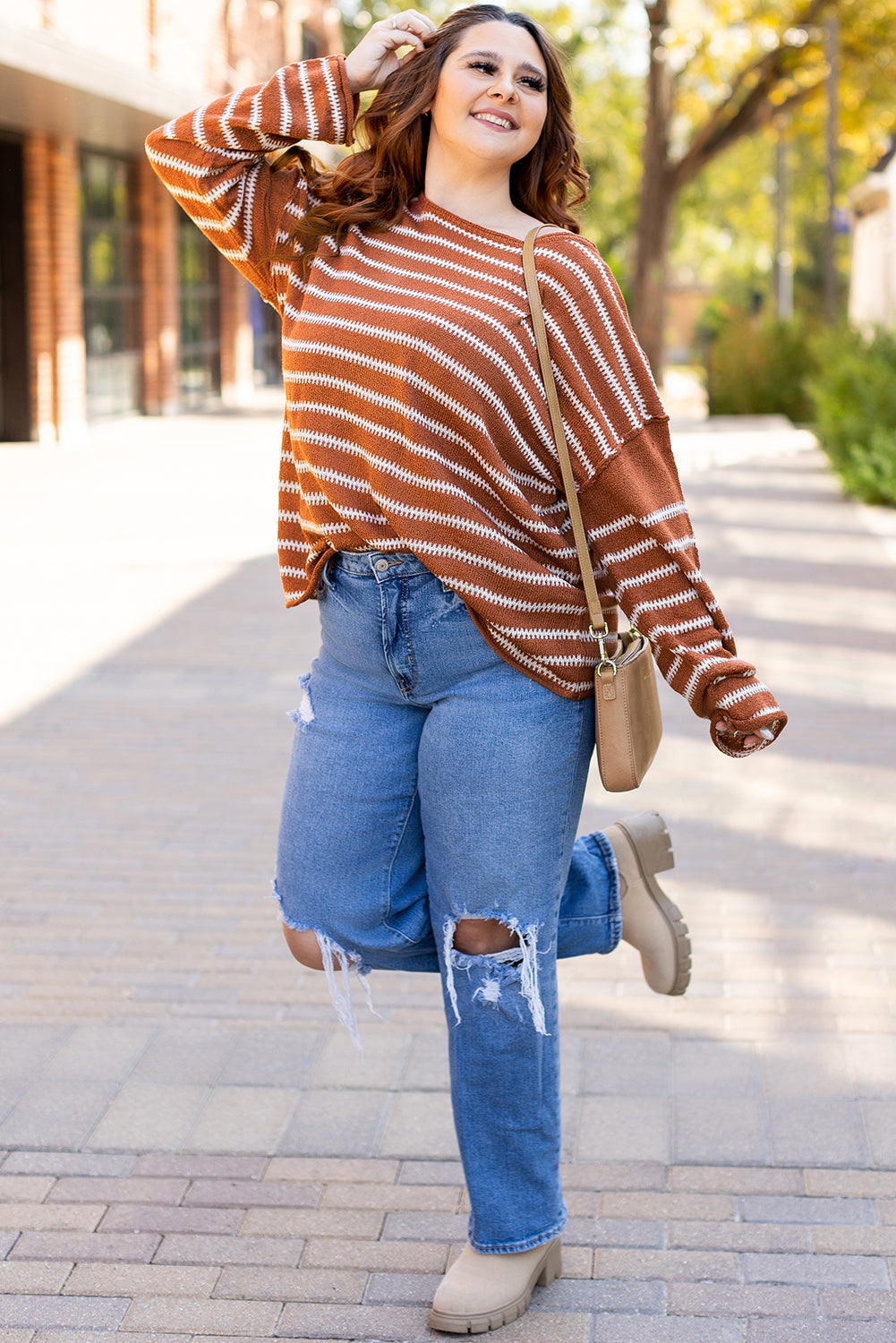 Brown Stripe Drop Shoulder Casual Sweater Sweaters JT's Designer Fashion