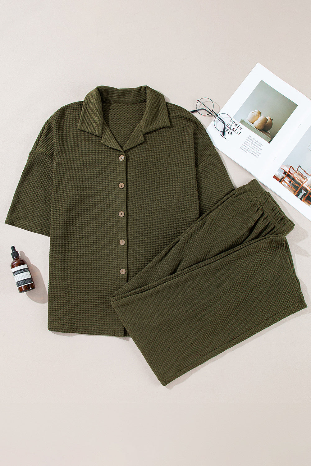 Four Leaf Clover Solid Color Textured Buttoned Shirt and Casual Pants Set Pant Sets JT's Designer Fashion