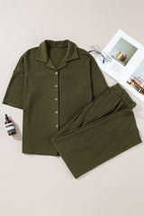Four Leaf Clover Solid Color Textured Buttoned Shirt and Casual Pants Set Pant Sets JT's Designer Fashion