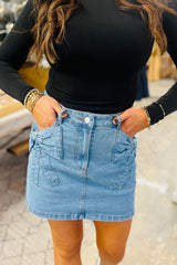 Dusk Blue Acid Wash Bowknot Details High Waist Denim Skirt Bottoms JT's Designer Fashion