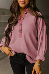 Pink Waffle Long Sleeve Collar Half Button Loose Top Long Sleeve Tops JT's Designer Fashion