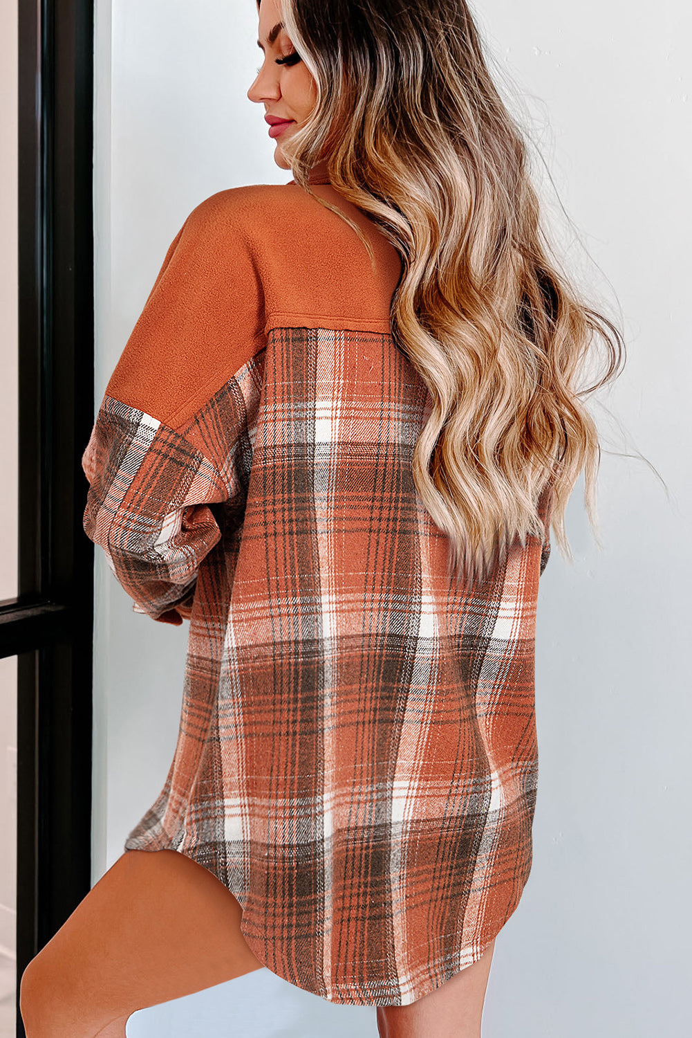 Khaki Colorblock Plaid Pattern Flap Pockets Buttoned Shacket Plaid Shackets JT's Designer Fashion