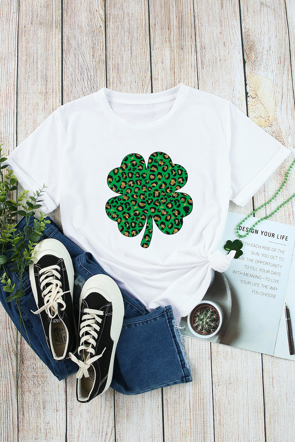 White Leopard Four Leaf Clover Graphic Tee Graphic Tees JT's Designer Fashion