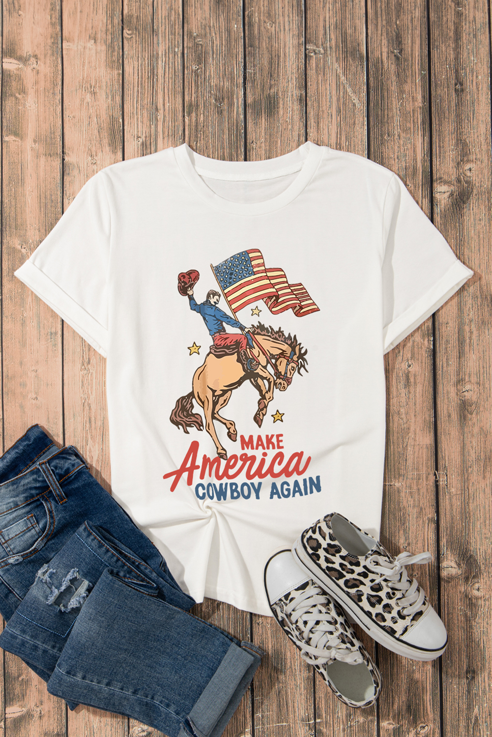 White MAKE AMERICA COWBOY AGAIN Graphic Crewneck Tee Graphic Tees JT's Designer Fashion