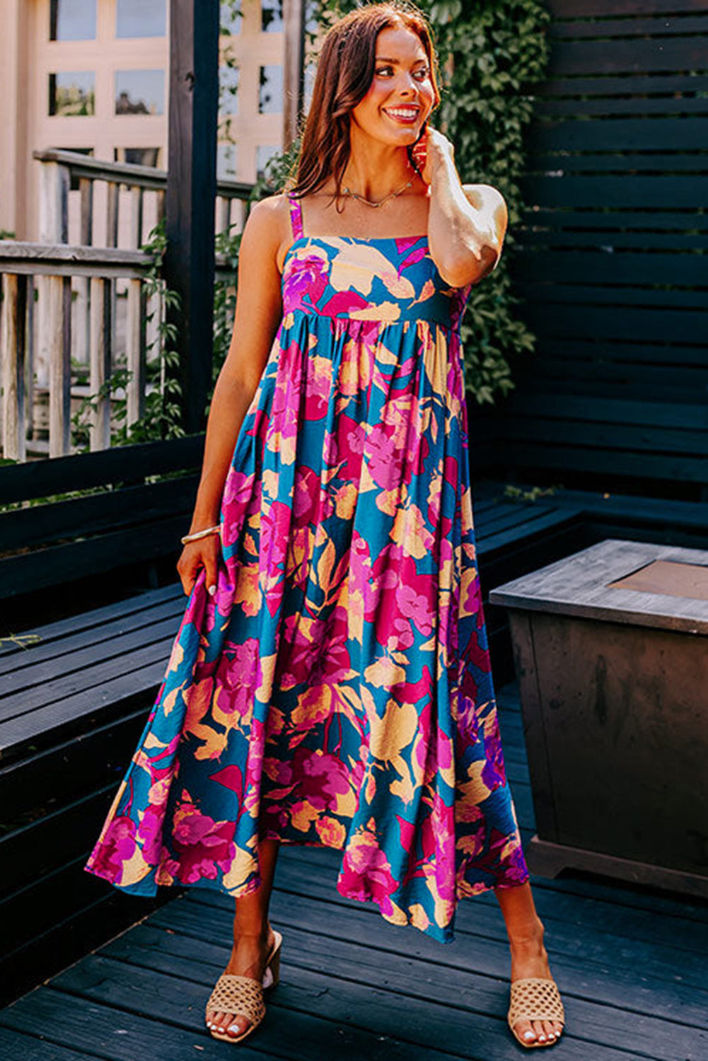 Dark Blue Floral High Waist Sleeveless Flared Long Dress Floral Dresses JT's Designer Fashion