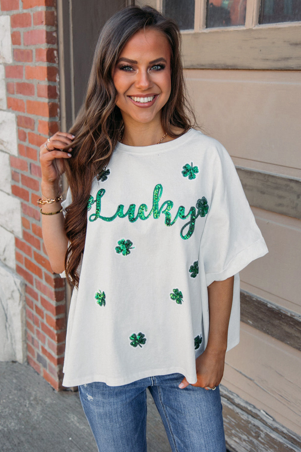 White St Patrick Lucky Clover Sequin Graphic T Shirt Graphic Tees JT's Designer Fashion