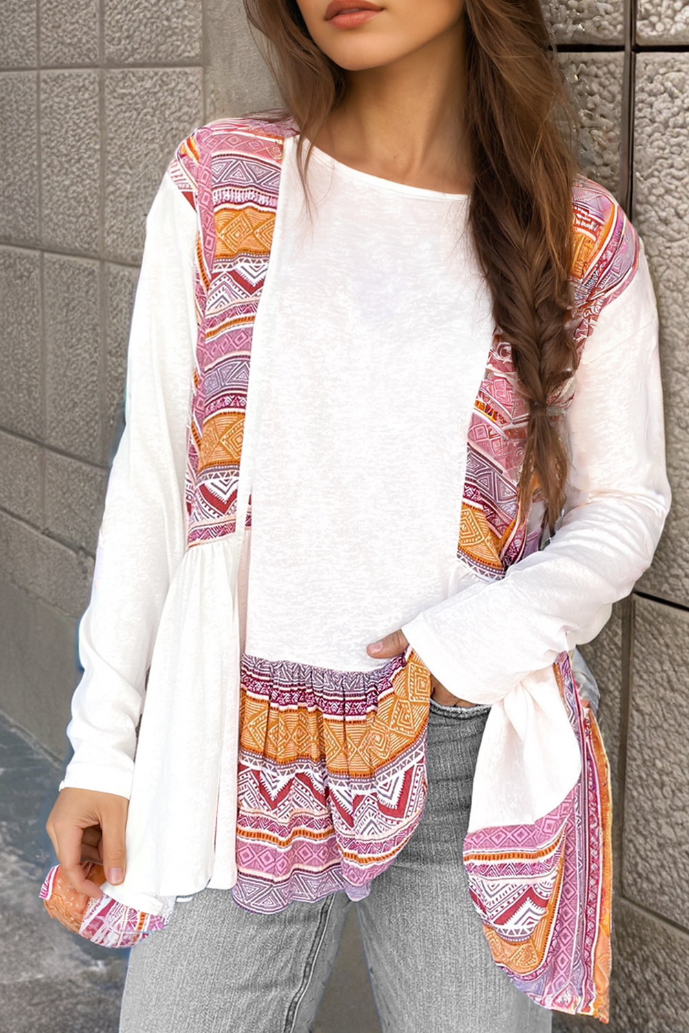 White Western Aztec Print Patchwork Ruffled Tunic Long Sleeve Babydoll Top Long Sleeve Tops JT's Designer Fashion