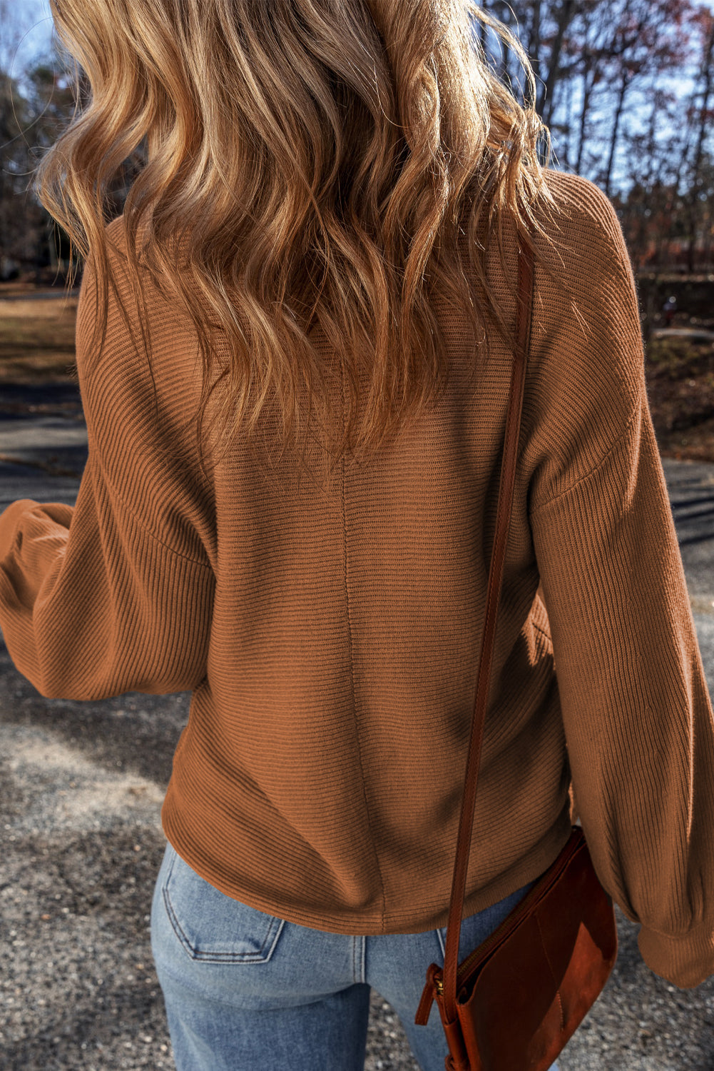 Camel Ribbed Knit Drop Sleeve V Neck Loose Fit Sweater Sweaters JT's Designer Fashion