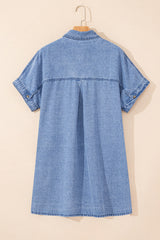 Dusk Blue Short Sleeve Pocketed Button up Denim Tunic Dress Mini Dresses JT's Designer Fashion