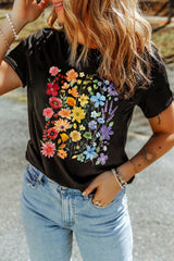 Black Beautiful Flower Print Cotton Blend Casual Tee Graphic Tees JT's Designer Fashion